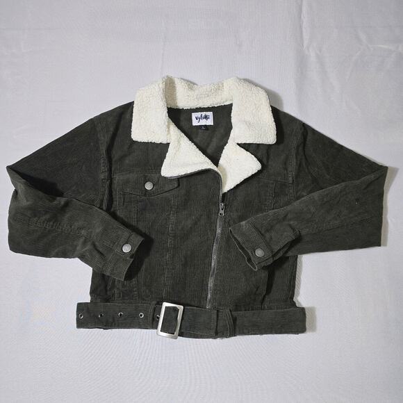 Vylette Green Corduroy Crop Jacket Sherpa Collar Womens Size Small - Picture 5 of 7